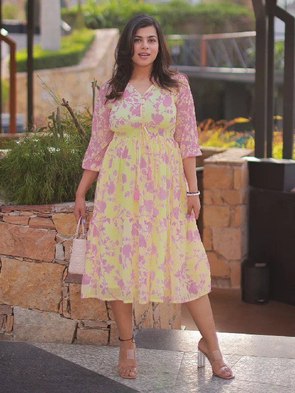 Chic Trend Collection Light Yellow Dobby Georgette Floral Fit & Flare Dress