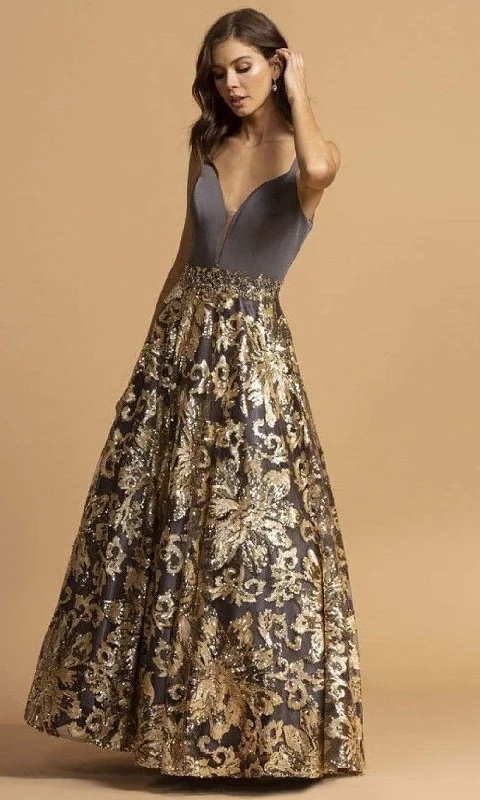 Hot Picks Trevi Collection - Sequin Embroidered Gown L2245 - 1 pc Charcoal Gold In Size M Available