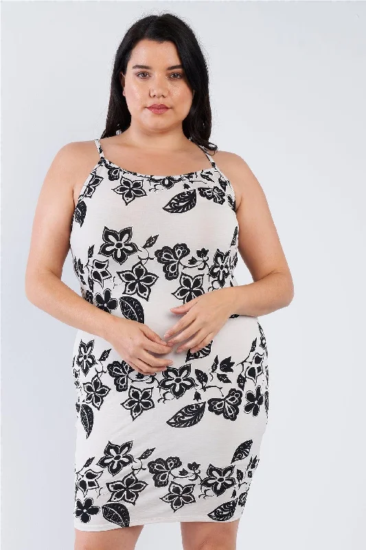 Swimwear Summer Blowout Plus Size Ivory Black Floral Basic Midi Dress