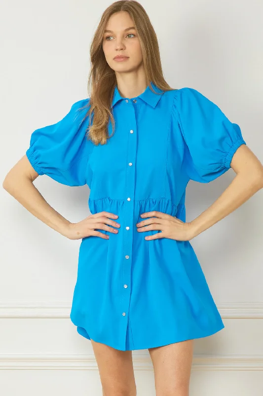 Premium Style Offers Bubble Sleeve Mini Dress, Blue