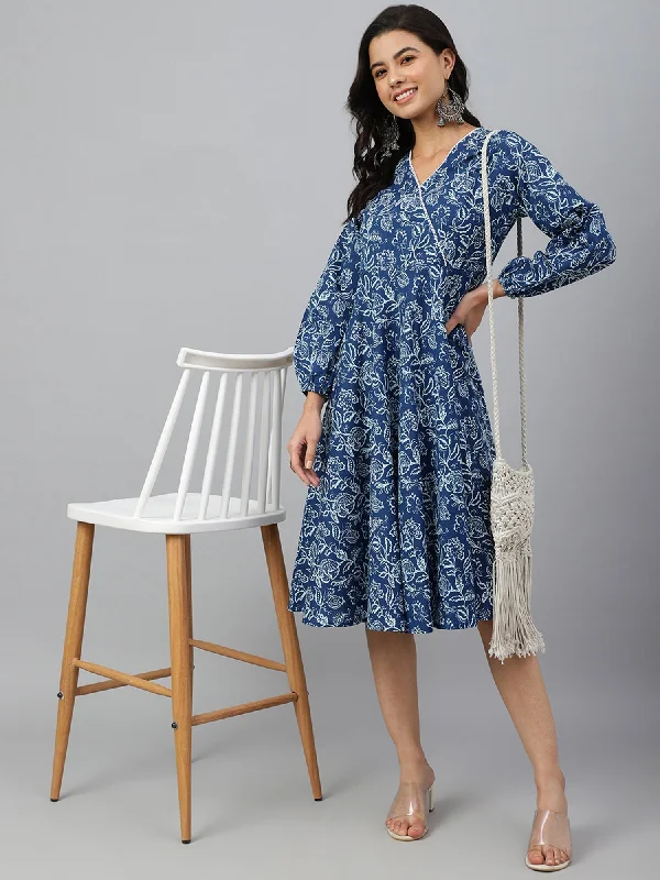 Fashion Deal Navy Blue Cotton Floral Print Angrakha Western Dress