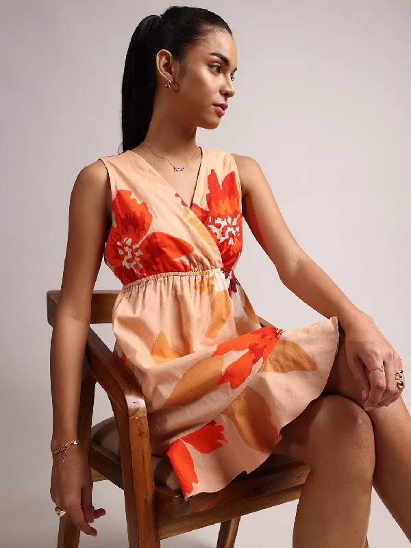 Elegant Style Peach Cotton Floral A-Line Dress