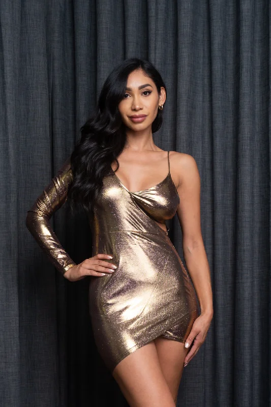 Unleash Your Trend Driven Style Gilded Trophy One Shoulder V Neck Mini Dress with Asymmetrical Hem in Metallic Bronze (AD-8028)