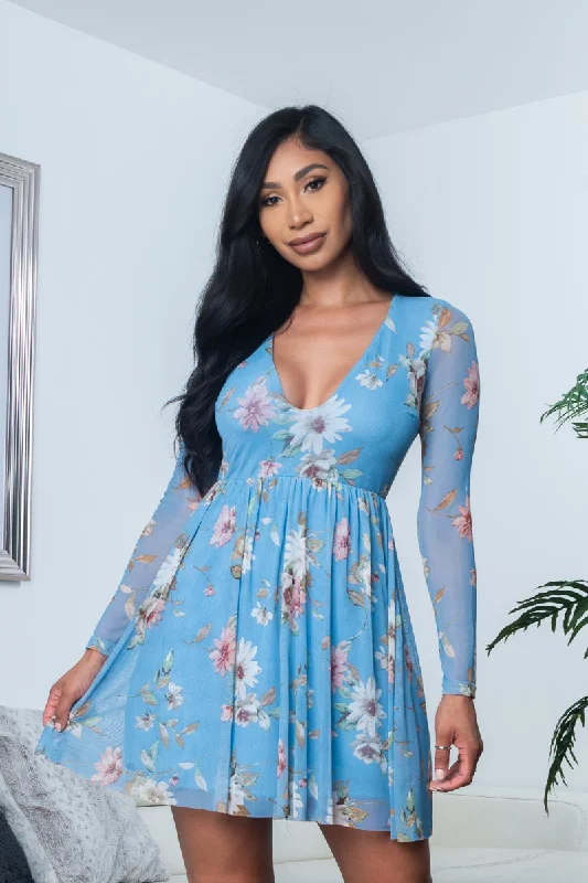 Flash Sale, Don'T Miss Floral Print Sheer Mesh Long Sleeve Plunge V Neck Mini Dress with Flowy Circle Skirt, Fully Lined (R6976-5) Y