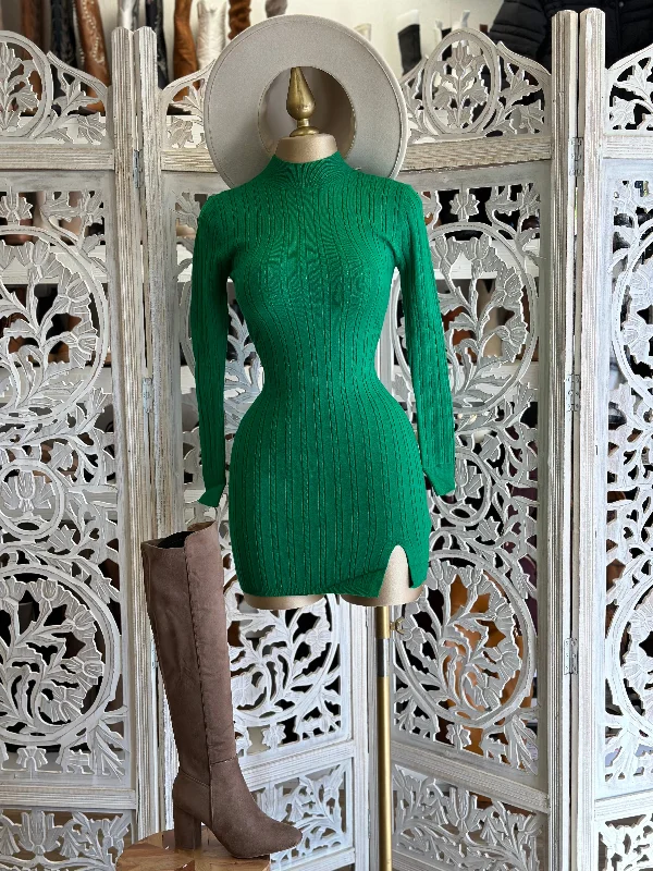 Urban Fashion Sea Green Sweater Mock Neck Mini Dress