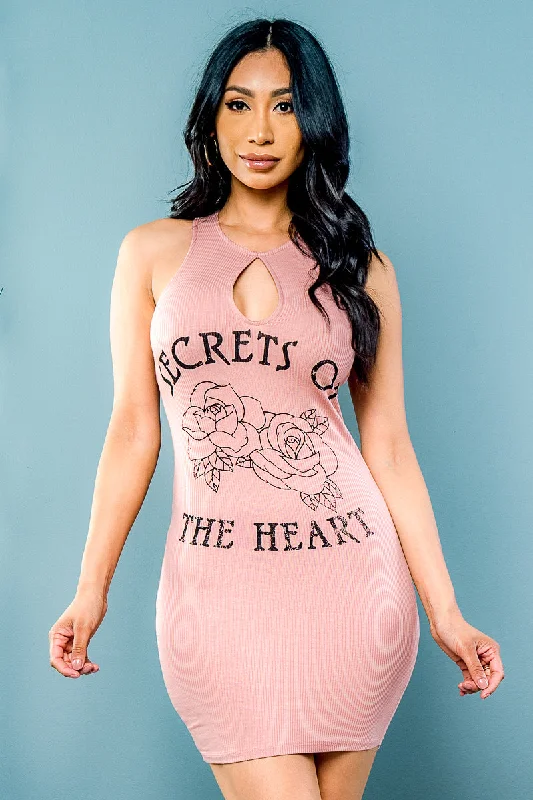 Seasonal Trends 'Secrets of The Heart' Halter Strappy Racer Back Graphic Tee Mini Dress with Keyhole Front (MD-130)