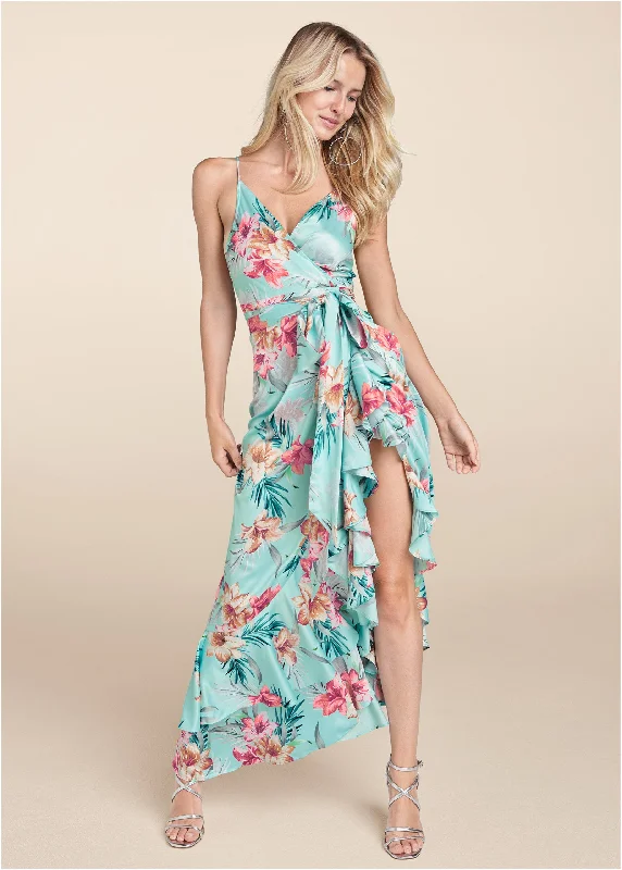 Feminine Luxe Style Sale Floral Print Wrap Dress - Aqua Multi