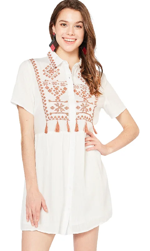 Feminine Luxe Style Sale Embroidered & Tassel Mini Dress, Off White