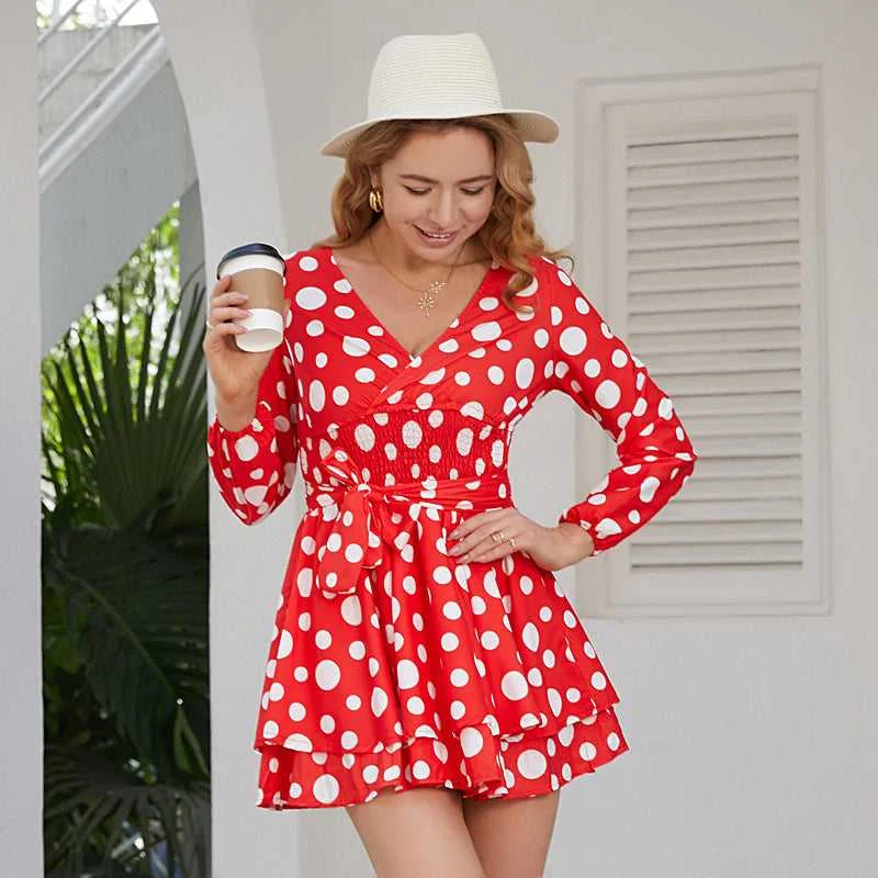 Trendy Threads KittenAlarm - Vintage Polka Dot Printed Long Sleeve V-neck Mini Dress