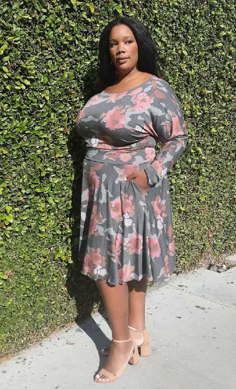 New Season Fashion Preview Sale Plus Size Floral Print Long Sleeves Top and Skirt sets With Pockets