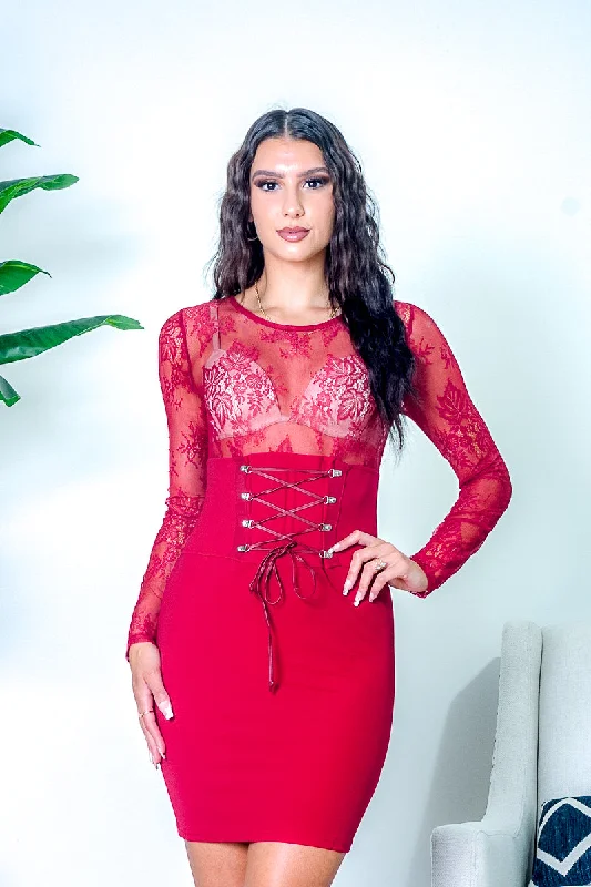 Chic And Edgy Floral Lace Empire Waist Long Sleeve Mini Dress with Bustier Style Cinching Leatherette Tie in Red (HD7207)