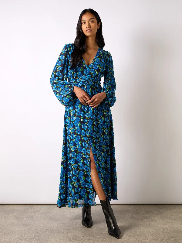 Fashion Sale Blue Floral Print Ruched Waist Dress