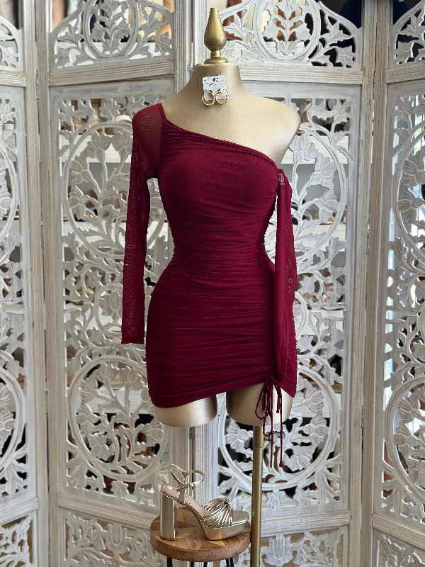 Crazy Price Slashing Burgundy Asymmetrical Ruched Mini Dress-Stretchy