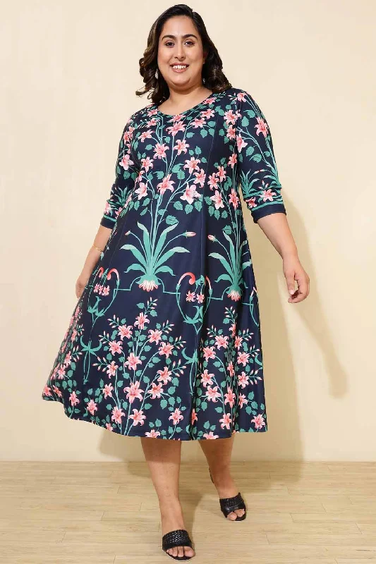 Gift Ideas Plus Size Blue Green Floral A Line Dress