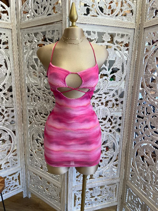 Chic & Modern Sales Tie Dye Hot Pink Cutout Mini Dress