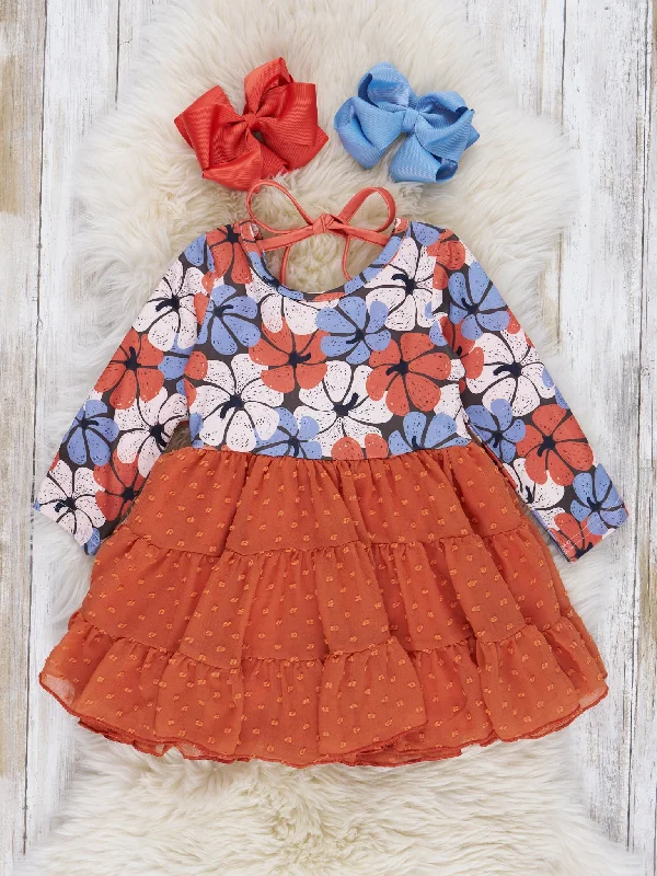 Chic & Modern Sales Burnt Orange & Blue Floral Swiss Dot Dress