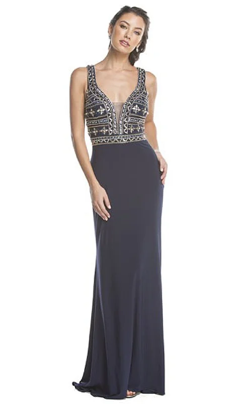 Browse Our Top Products Trevi Collection - Plunging Embellished Sheath Evening Gown