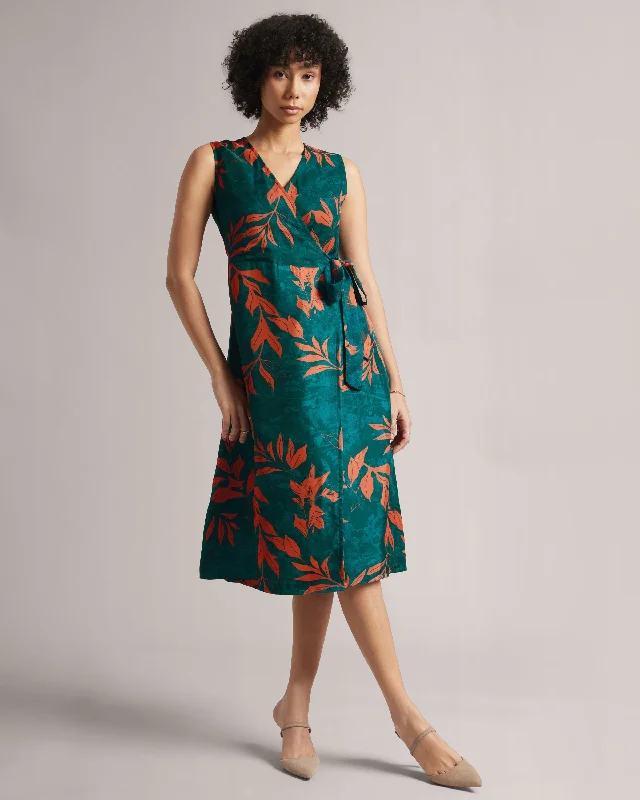 Trendy Women'S Wear Collection Dark Teal Floral Wrap Midi Dress