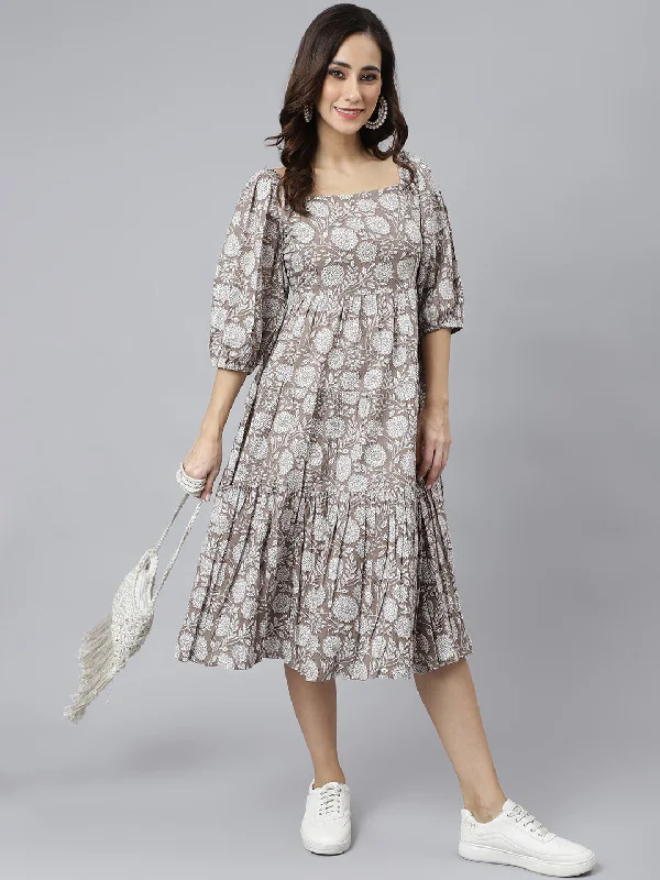 Timeless Elegance Redefined Grey Cotton Floral Print Flared Western Dress