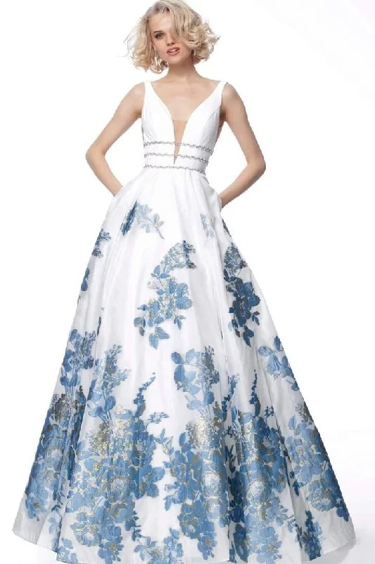 Refined Fashion Sale Jovani 67037 Low V-Neck Floral A-Line Long Dress