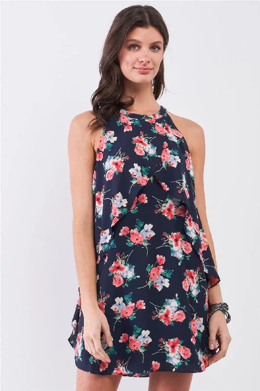 Holiday Attire Sale Navy Multi Floral Print Sleeveless High Neck Layered Front Detail Flounce Mini Dress