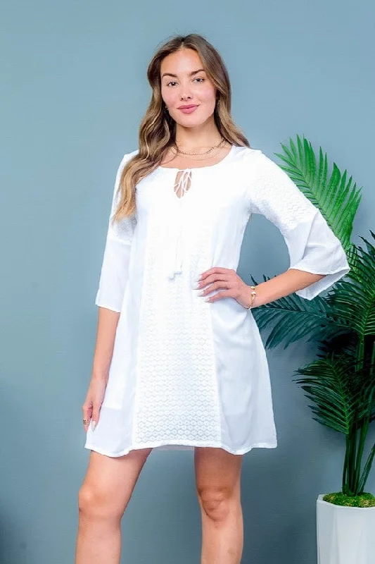 Spring Fashion ‘Retro Chic’ 3/4 Bell Sleeve Mini Dress with Round Neckline and Drawstring Keyhole Detail in White (MB1073)