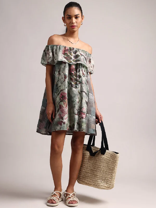 Trend Leading Collection Grey Cotton Linen Floral Off Shoulder Dress