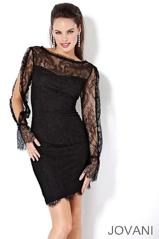 Flirty Fashion Discounts Jovani 171125 Lace Long Sleeve Short Cocktail Dress