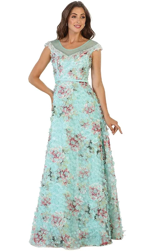 Discover Now May Queen - Sheer Cap Sleeves Floral Embellished A-line Gown RQ7554