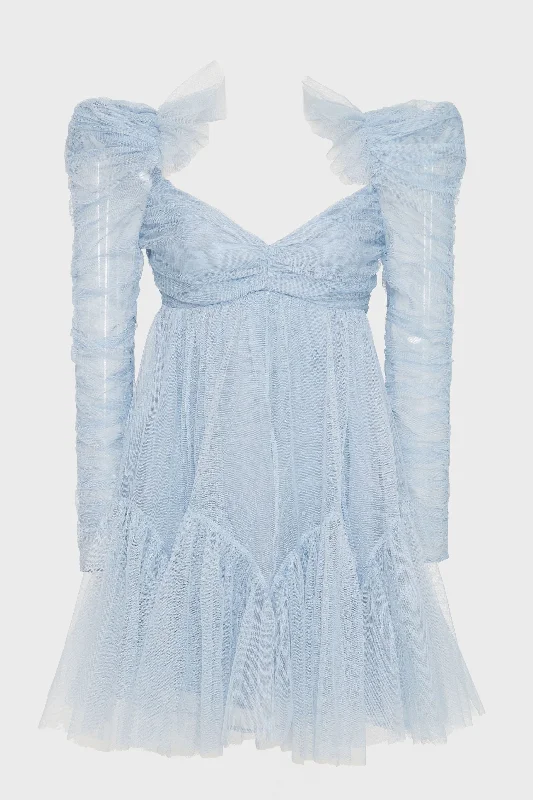 Hot Trends Dusty Blue Tulle Ruched Mini Dress