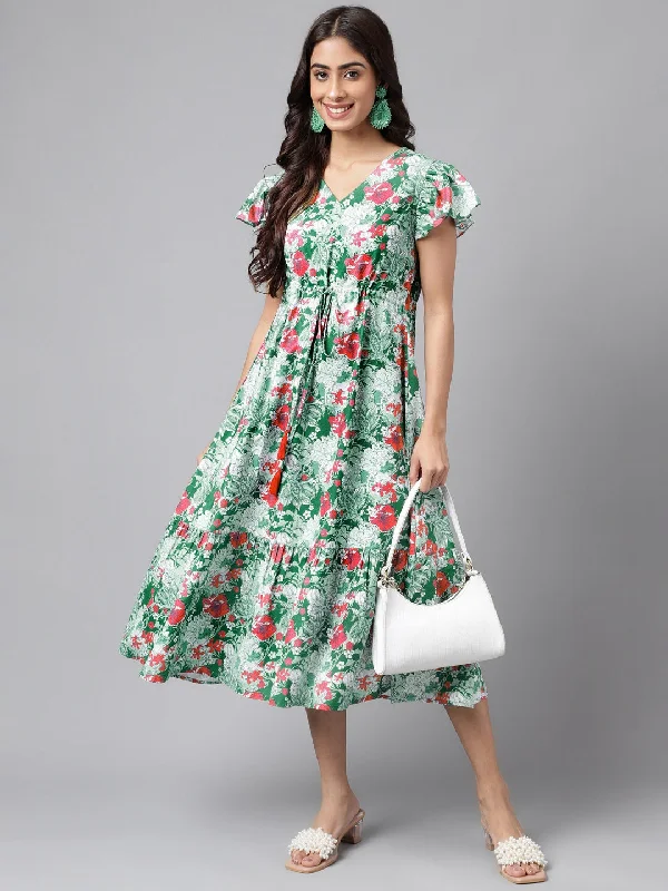 Durable Fashion Picks Green Moss Digital Floral Printed A-line Dress