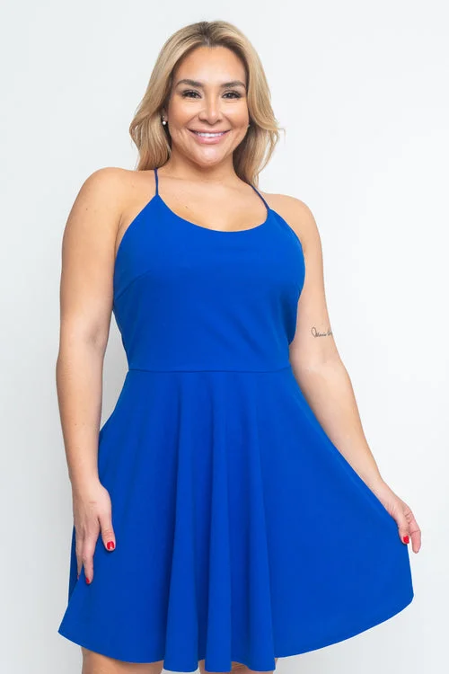 Trend Forward Threads Plus Size Halter Skater Mini Dress with Low Criss Cross Back and Full Lining (CD21144P)