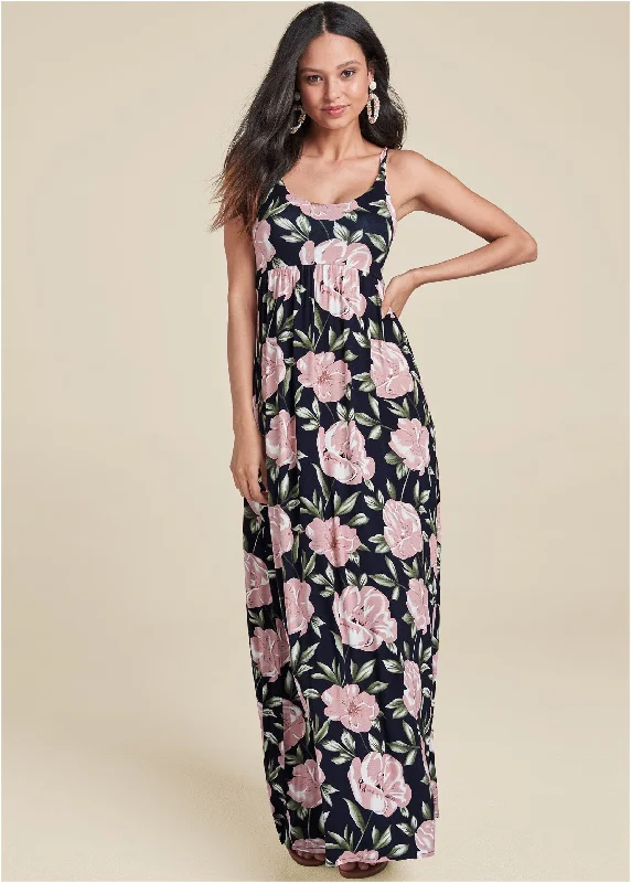 Polished Style Deals Floral Printed Maxi Dress - Navy Multi