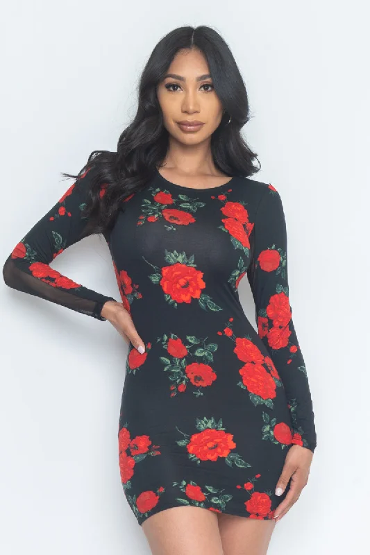 New Season Fashion Preview Floral Print Sheer Mesh Long Sleeve Round Neck Mini Dress In Black* (JD34112LP)