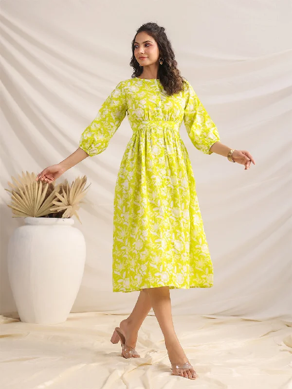 Stylish Statements Lime Cotton Floral Gathered Dress