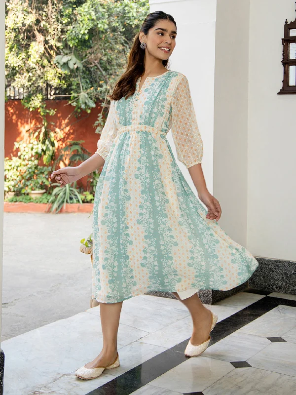 Style Redefined Off White Dobby Georgette Floral Flared Dress