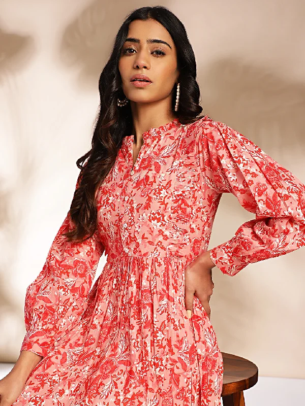 End-Of-Season Clearance Pink Cotton Floral Fit & Flare Dress