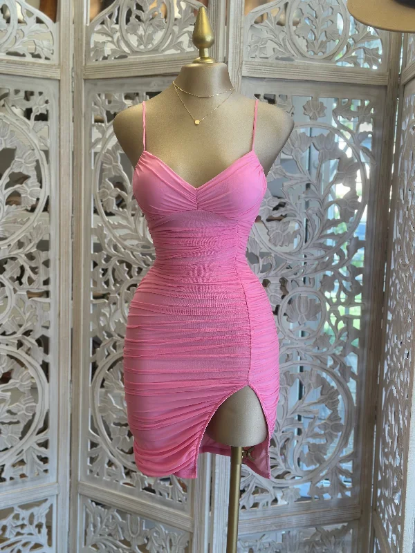 Top Deals Flamingo Pink Slit Mini Dress