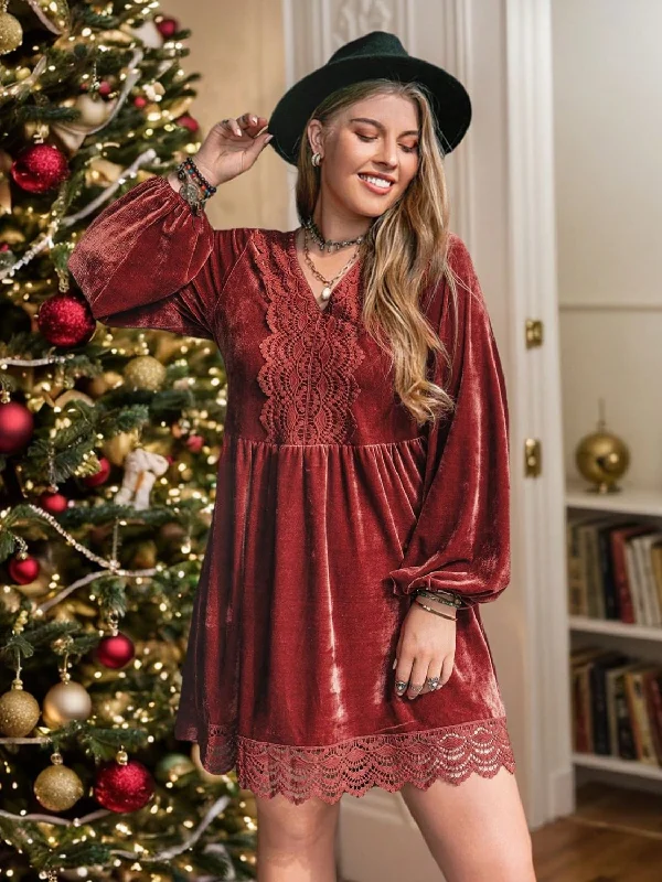 Holiday Glam Plus Size Lace Detail V-Neck Long Sleeve Mini Dress