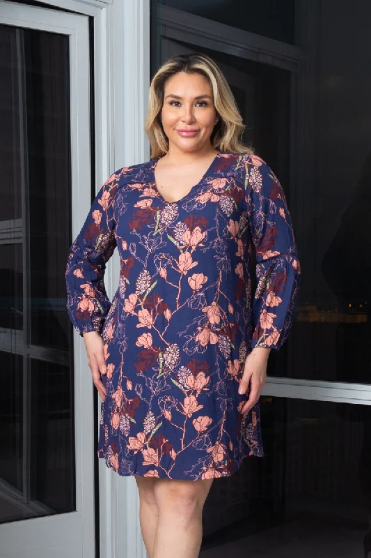 New Arrivals Plus Size V-Nek 3/4 Sleeve Floral Print Midi Dress W/full lining (195913)