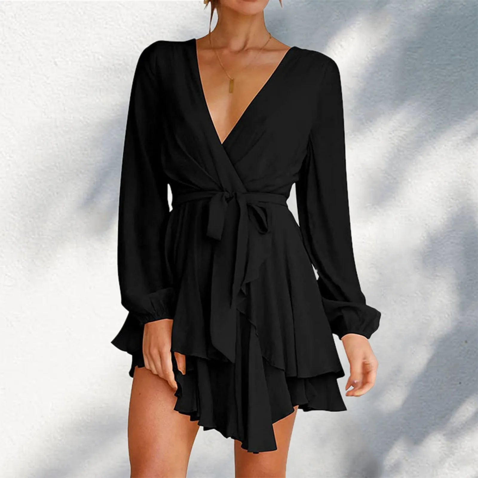 Effortless Style, Endless Impact JuliaFashion - Deep V-Neck Full Sleeve Waist Tie Ruffle Swing Short Skater Party Solid Color Casual Summer Spring Mini Dress