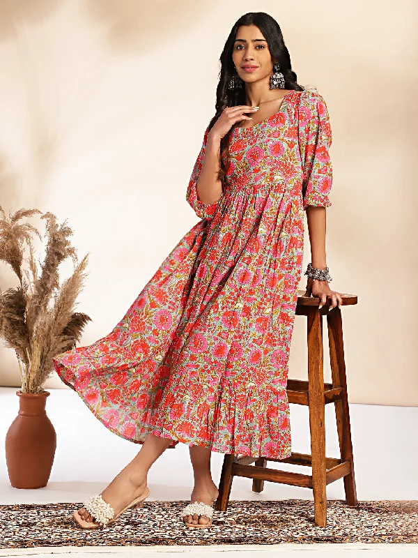 Mega Sale Multicolor Cotton Floral Printed Flared Dress