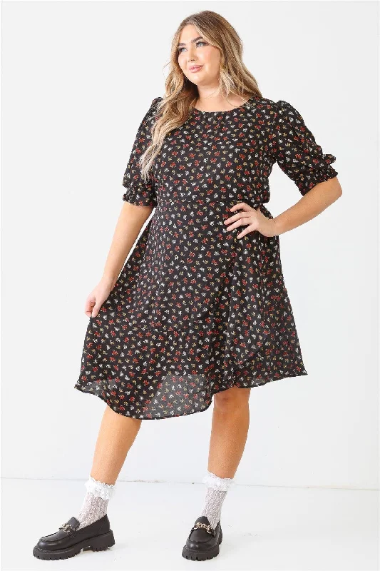 Essentials On Sale Plus Size Floral Print Belted Flare Midi Dress /1-1-1