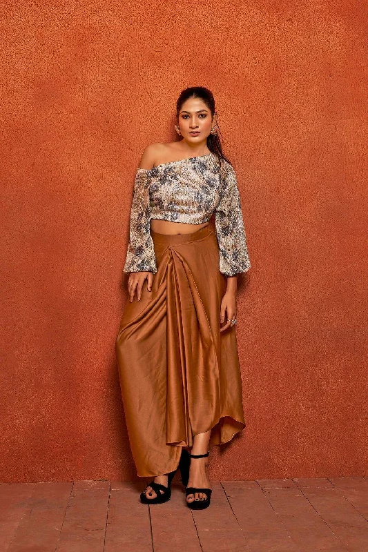 Seize Bargains Camel Brown Floral Print Dhoti Skirt Loose Fit Top Co-ord Set