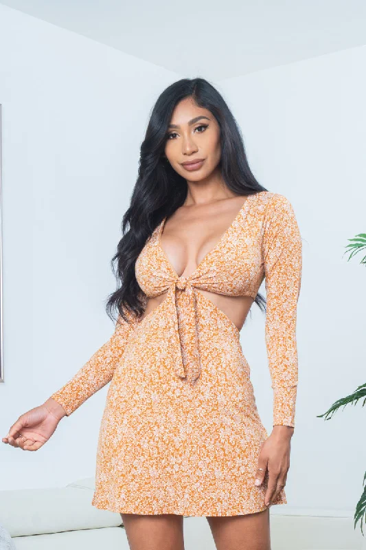 Huge Discounts This Week Floral Print Long Sleeve Tie Front Plunge V Neck Mini Dress with Midriff Cutout in Mustard (DR96989)