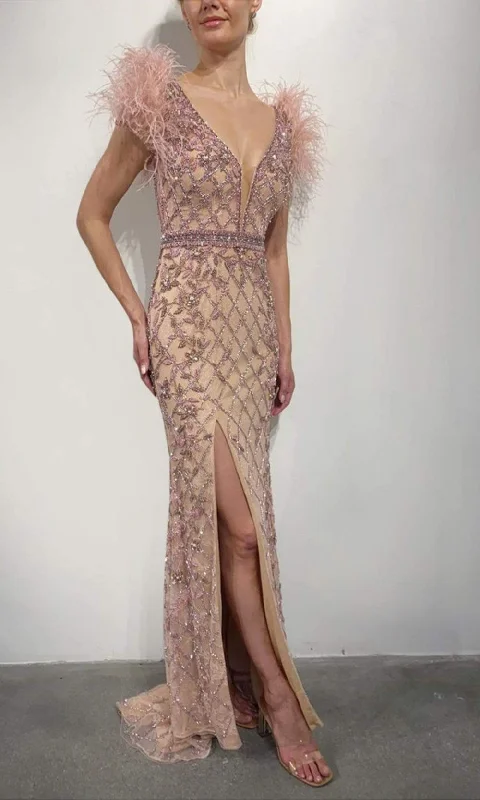 Casual Chic Terani Couture - 2027GL3248 Lattice Beaded Hight Slit Gown