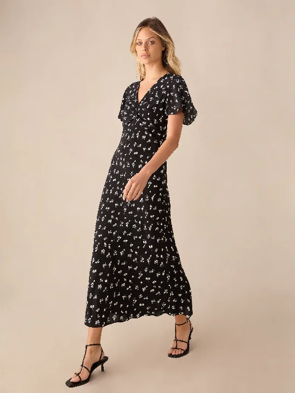 Romantic Chic Deals Black Ditsy Floral Print Flutter Sleeve Midi Dress