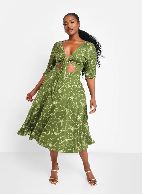 Casual Fashion Sage Floral Cut Out Midi A Line Dress W. Pockets