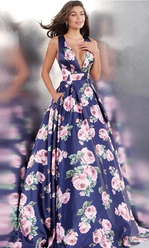 Limited Styles JVN by Jovani - Plunging Blossom Print Ballgown JVN66938ASC - 1 pc Navy/Print In Sizes 0 Available