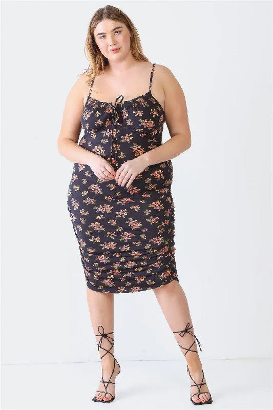 Find Your Unique Flair Plus Size Black Floral Print Ruched Midi Dress